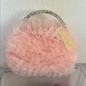 NWT Jewel Badgley Mischka Pink and Silver Ruffled Clutch